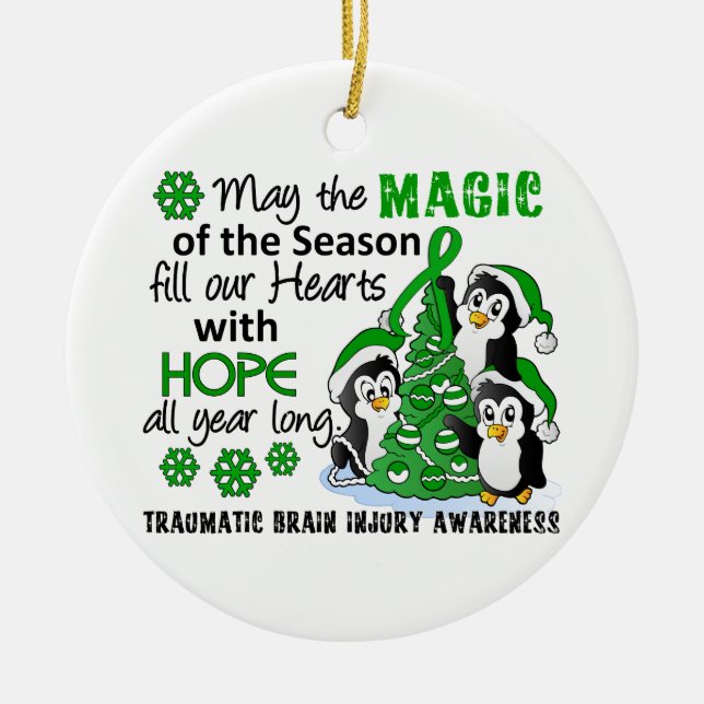 Christmas Penguins Traumatic Brain Injury TBI Ceramic Ornament (Front)