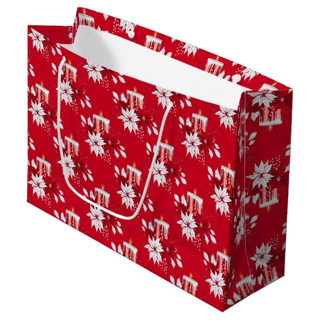 Christmas Peppermint | Candle Poinsettia Pattern Large Gift Bag (Front Angled)