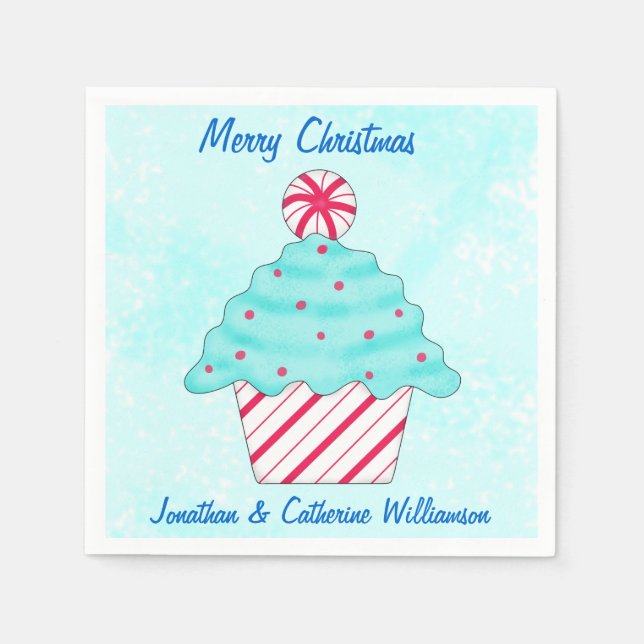 Christmas Peppermint Cupcake Personalized Party Napkin (Front)