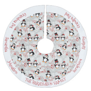 Christmas Peppermint Penguins Personalized Names Brushed Polyester Tree Skirt