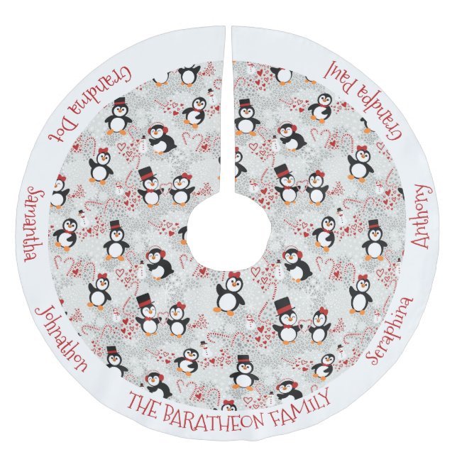 Christmas Peppermint Penguins Personalized Names Brushed Polyester Tree Skirt (Front)