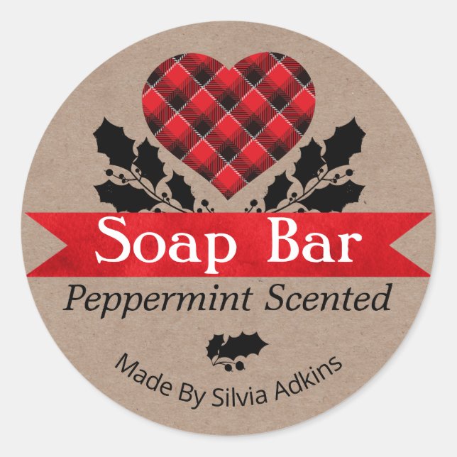 Christmas Peppermint Plaid Kraft Soap Bar Label (Front)