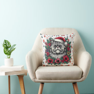 Christmas Persian Cat, Floral Santa Persian Kitty Throw Pillow