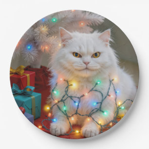 Christmas Persian Cat Tangled in Holiday Lights Paper Plate