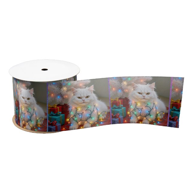 Christmas Persian Cat Tangled in Holiday Lights Satin Ribbon (Spool)