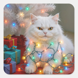 Christmas Persian Cat Tangled in Holiday Lights Square Sticker
