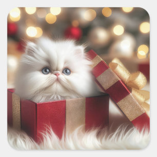 Christmas Persian Kitten In a Gift Box Square Sticker