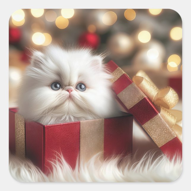 Christmas Persian Kitten In a Gift Box Square Sticker (Front)