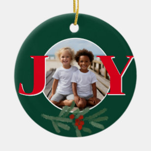 Christmas personalize JOY Holly photo template Ceramic Ornament