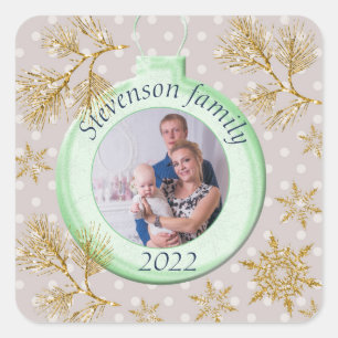Christmas, personalize, photo, glitter, polka dots square sticker