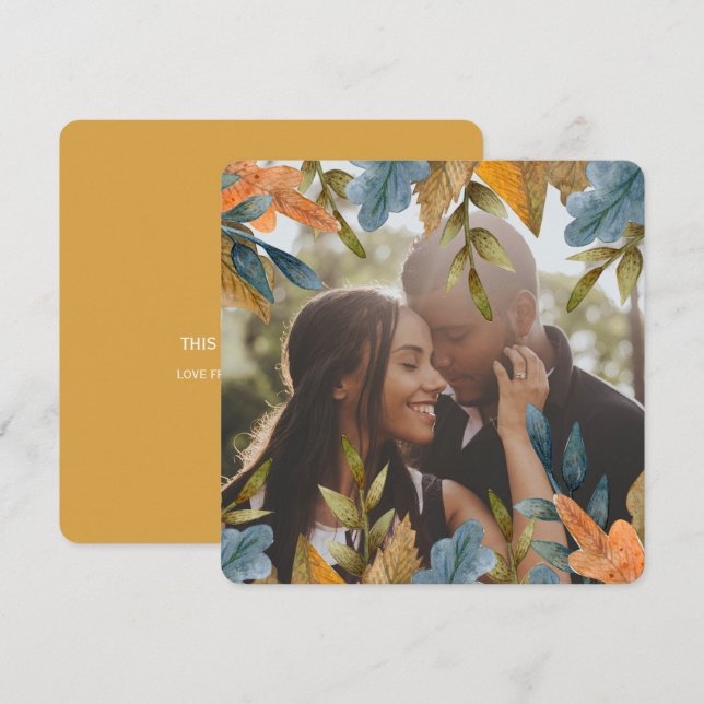 Christmas Personalized Blue Orange Leaves Photo Holiday Card (Front/Back)