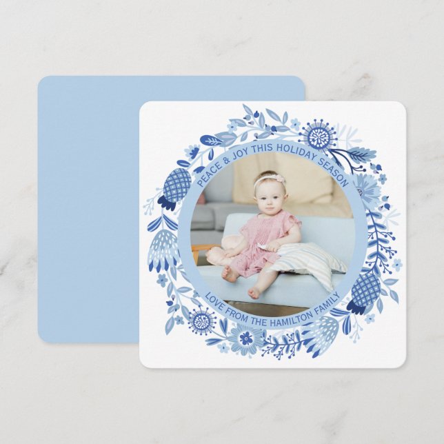Christmas Personalized Blue White Wreath Photo Holiday Card (Front/Back)