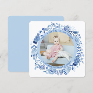 Christmas Personalized Blue White Wreath Photo Holiday Card