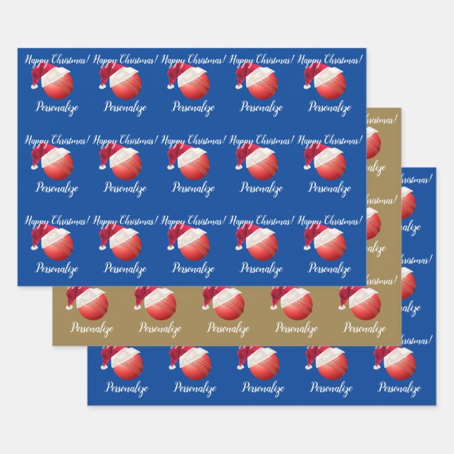 Christmas Personalized Cricket Ball Santa    Wrapp Wrapping Paper Sheet (Set)