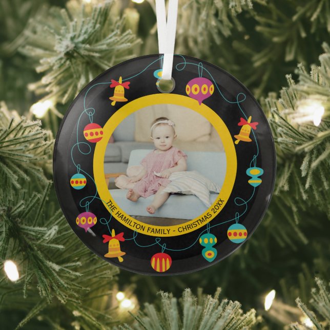 Christmas Personalized Fun Modern Wreath Photo Glass Ornament (Insitu)