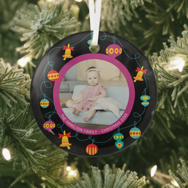 Christmas Personalized Fun Modern Wreath Photo Glass Ornament (Insitu)