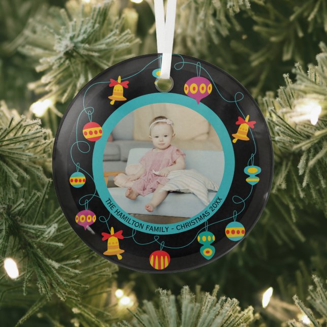 Christmas Personalized Fun Modern Wreath Photo Glass Ornament (Insitu)