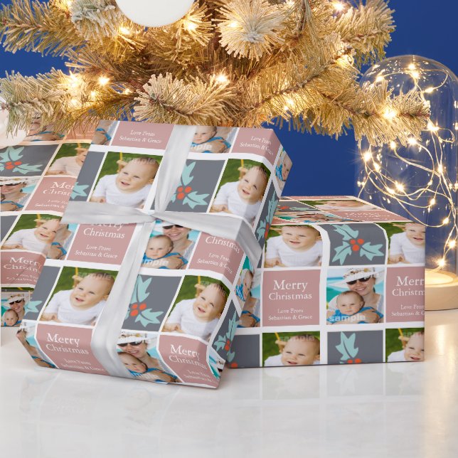 Christmas Personalized Holly Grey Pink Squares Wrapping Paper (Holidays)