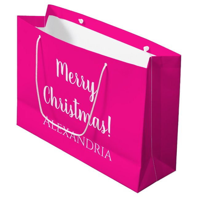Christmas Personalized Merry Christmas Hot Pink Large Gift Bag (Front Angled)
