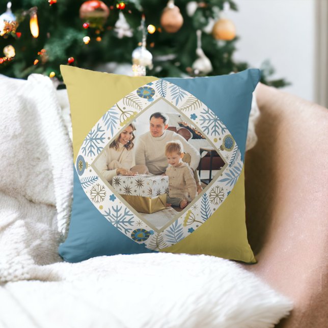 Christmas Personalized Modern Photo Throw Pillow (Christmas Personalized Modern Photo Throw Pillow from Ricaso. Blue and yellow design. Photo gifts)
