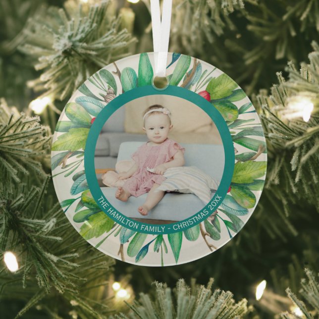 Christmas Personalized Modern Wreath Photo Frame Glass Ornament (Insitu)