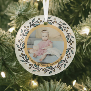 Christmas Personalized Modern Wreath Photo Frame Glass Ornament