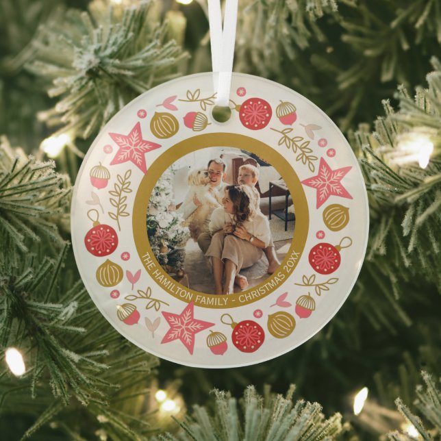 Christmas Personalized Modern Wreath Photo Frame Glass Ornament (Insitu)