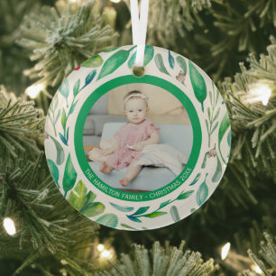 Christmas Personalized Modern Wreath Photo Frame Glass Ornament