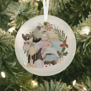 Christmas Personalized Moose And Gnome Photo Frame Glass Ornament