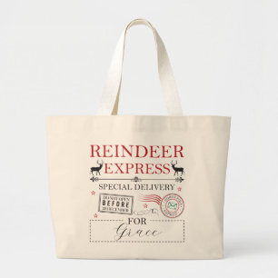 Christmas Personalized Name North Pole Reindeer Large Tote Bag