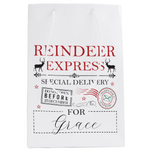 Christmas Personalized Name North Pole Reindeer Medium Gift Bag