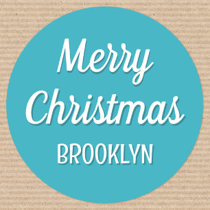 Christmas Personalized Name Teal Classic Round Sticker