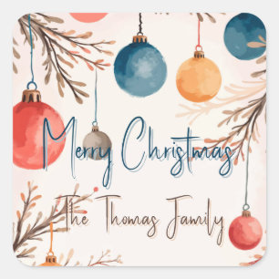 Christmas Personalized Pastel Watercolor Ornament Square Sticker