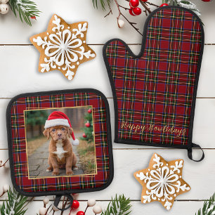 Christmas Personalized Pet Dog Photo Holiday Plaid Oven Mitt & Pot Holder Set