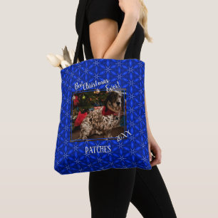 Christmas Personalized Pet Photo Blue Poinsettias Tote Bag