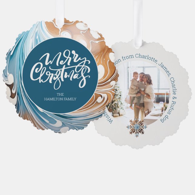 Christmas Personalized Photo Marble and Typography Ornament Card (Front/Back)