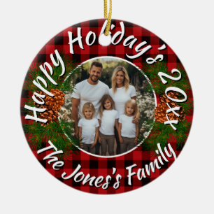 Christmas personalized photo red plaid pinecones ceramic ornament