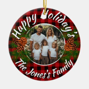 Christmas personalized photo red plaid pinecones ceramic ornament