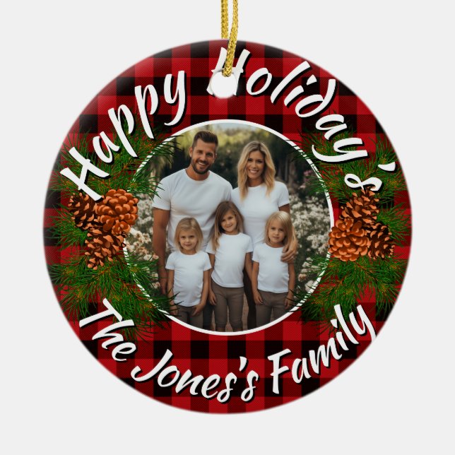 Christmas personalized photo red plaid pinecones ceramic ornament (Front)