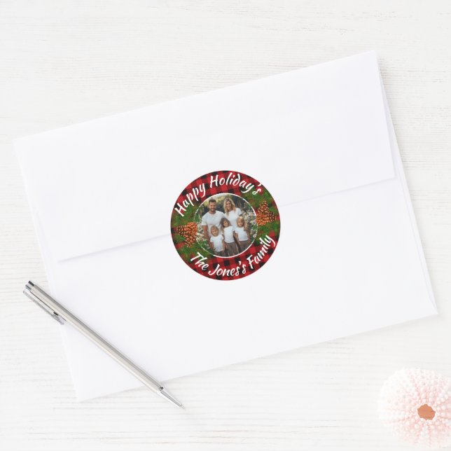 Christmas personalized photo red plaid pinecones classic round sticker (Envelope)