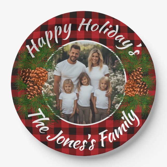 Christmas personalized photo red plaid pinecones paper plate (Front)