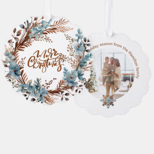 Christmas Personalized Photo Wreath and Typography Ornament Card