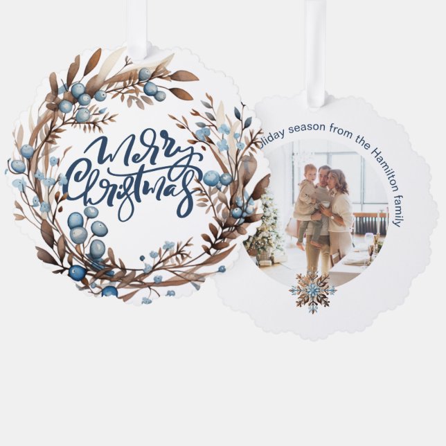Christmas Personalized Photo Wreath and Typography Ornament Card (Front/Back)