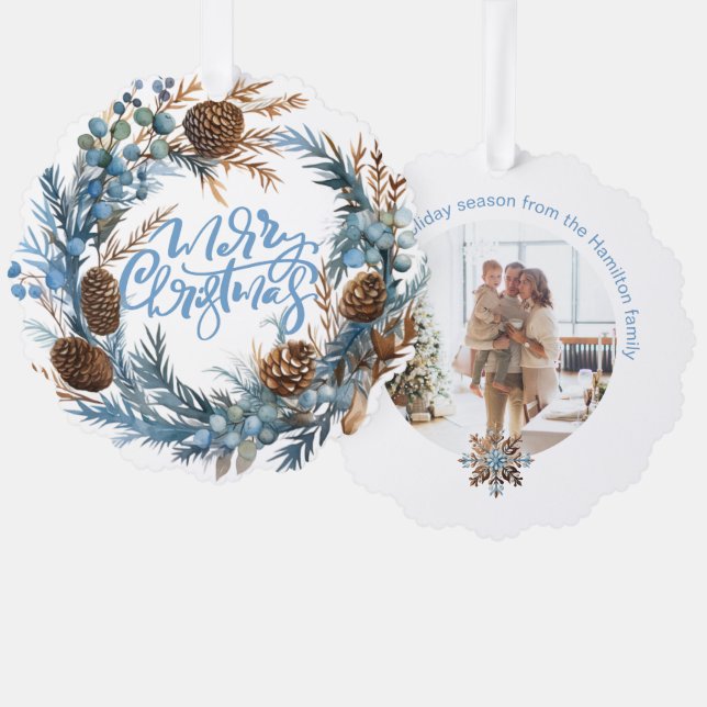 Christmas Personalized Photo Wreath and Typography Ornament Card (Front/Back)