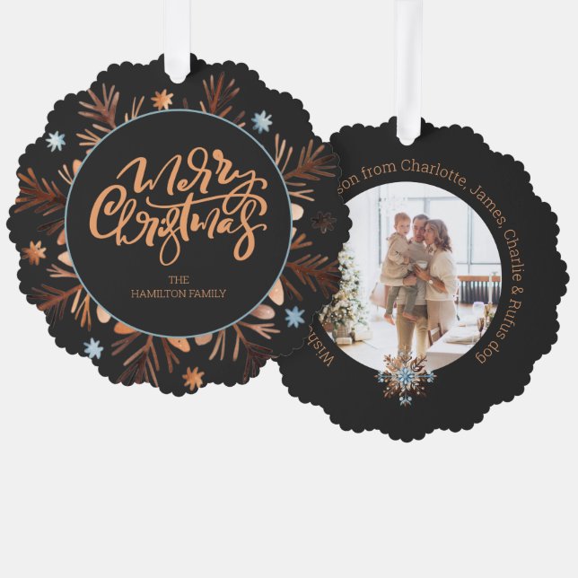 Christmas Personalized Photo Wreath and Typography Ornament Card (Front/Back)