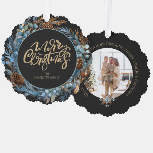 Christmas Personalized Photo Wreath and Typography Ornament Card