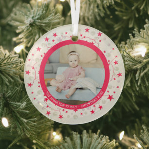 Christmas Personalized Pink White Wreath Photo Glass Ornament