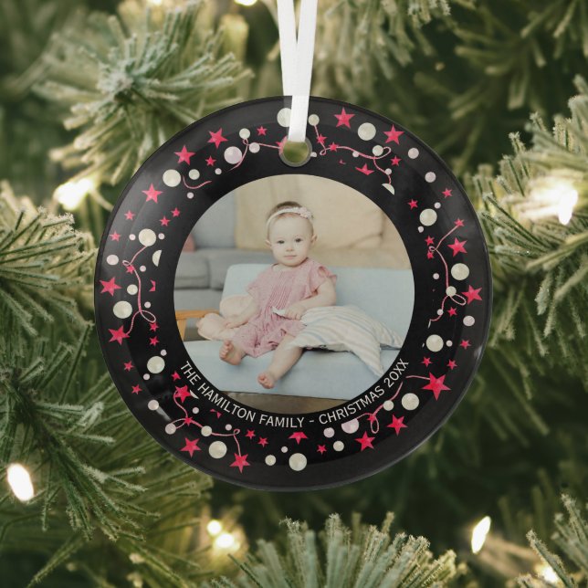 Christmas Personalized Pink Wreath Photo Glass Ornament (Insitu)