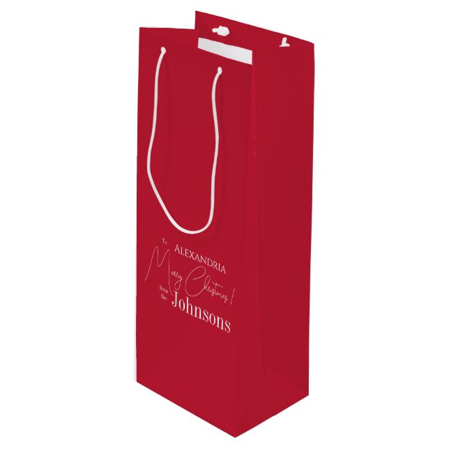 Christmas Personalized Red Family Name Wine Gift Bag (Front Angled)