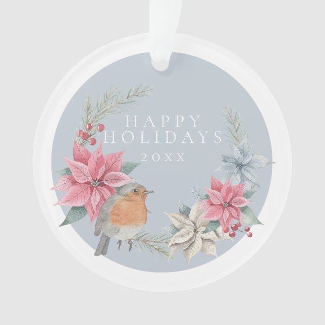 Christmas Personalized Robin And Holiday Wreath Ornament (Front)